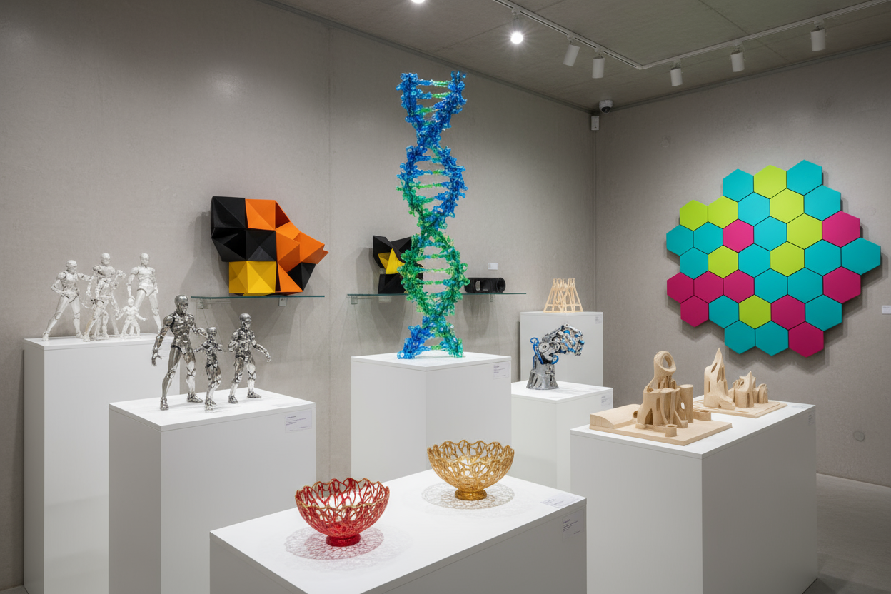 create an image of several 3d prints. custom made in a gallery style image 